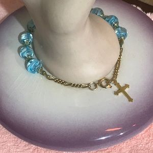 Blue Glass Beaded Bracelet Gold -Tone